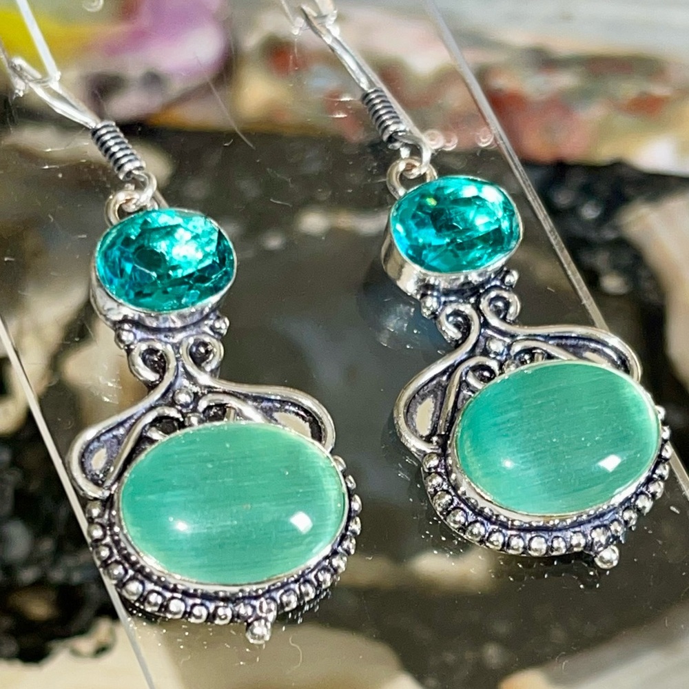 Blue Green Cat’s Eye Earrings 2”